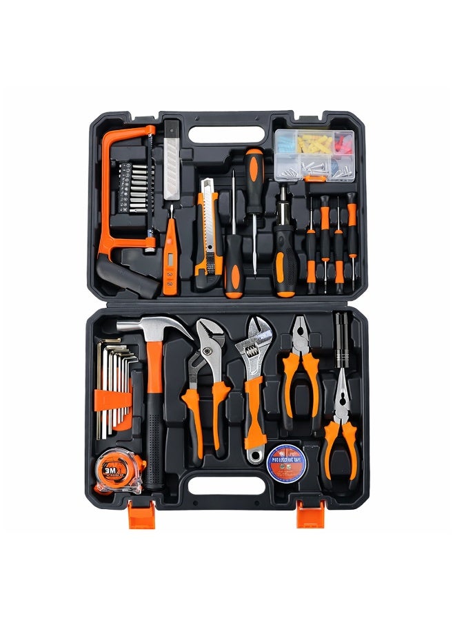 ديفاونز مجموعة أدوات يدوية احترافية شديدة التحمل مكونة من 100 قطعة مع صندوق أدوات، تتضمن منشار يدوي صغير، مجموعة مفكات براغي، كماشة طويلة، مفتاح ربط قابل للتعديل، مفاتيح ألن، شريط قياس، جهاز اختبار الجهد الكهربائي، مناسبة للاستخدام في السيارات والمنزل وأعمال الصيانة والإصلاح وورشة العمل. - Image 1